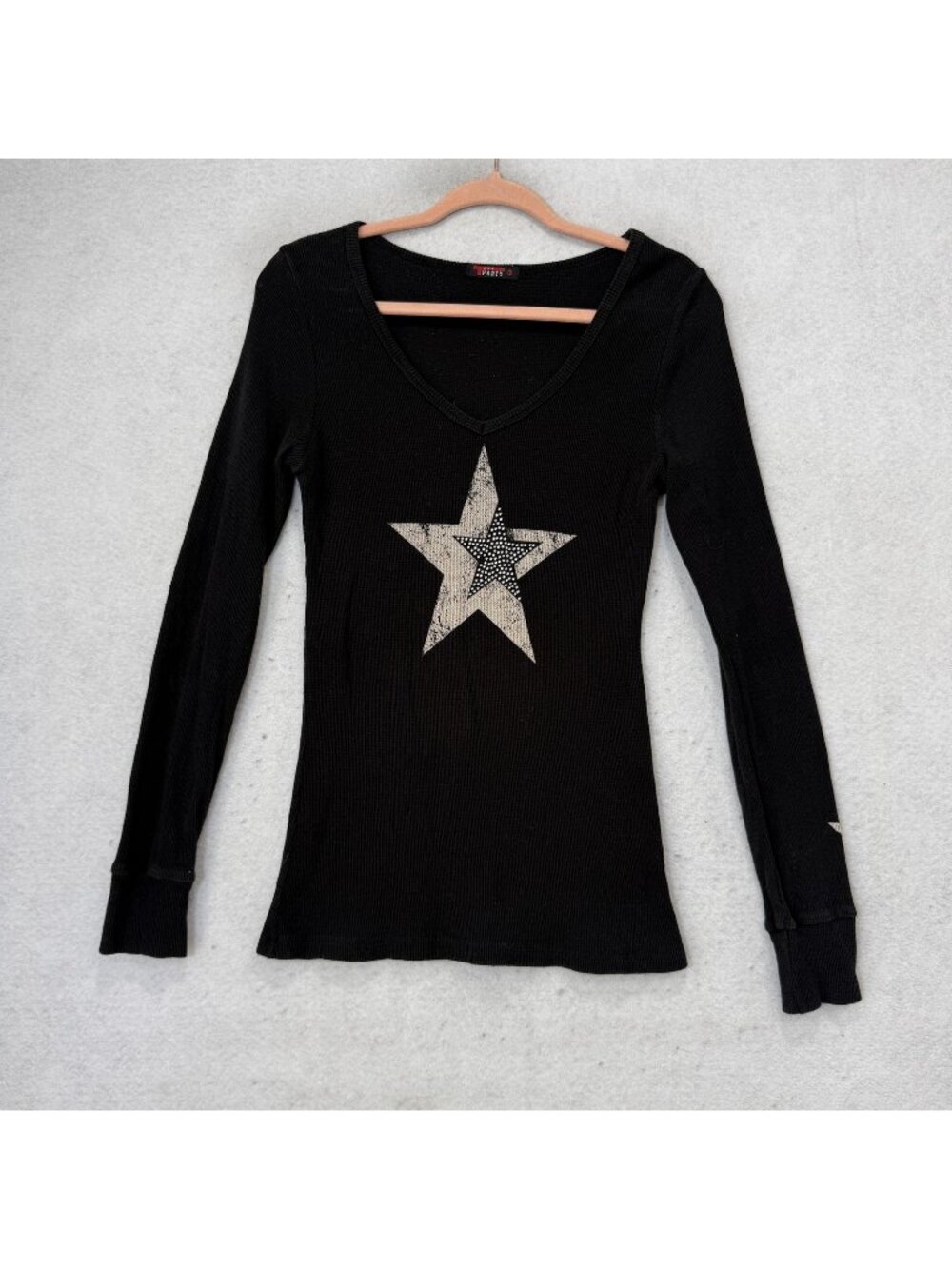 T Party Shirt Womens large Black V Neck Long Sleeve Star Graphic Thermal Top